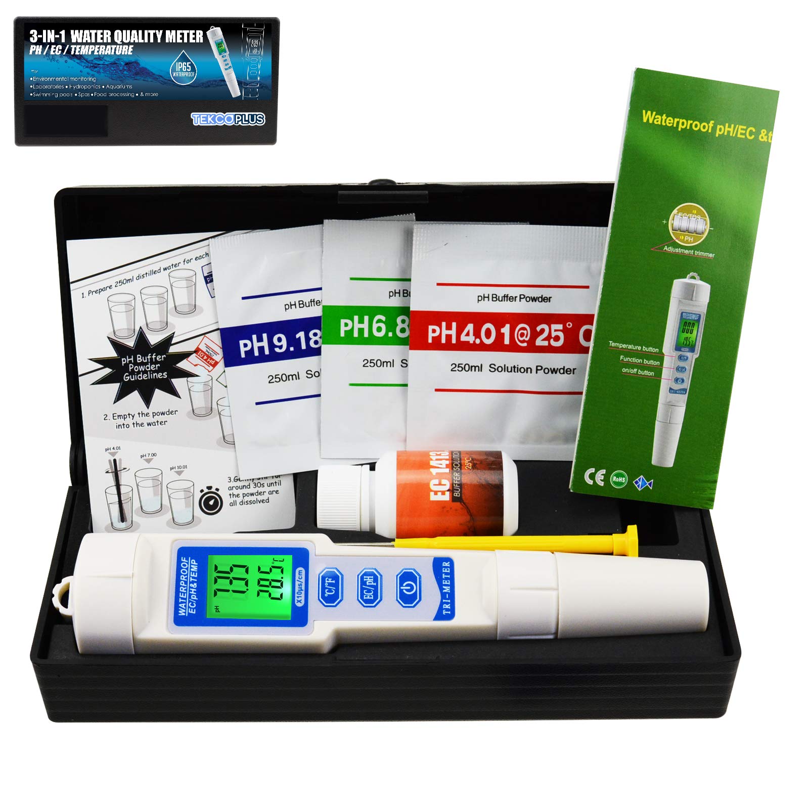 TEKCOPLUS Misuratore PH/EC/Temp 3 At 1 ATC Impermeabile con Luce Nera Combo Test Multiparametrico Combo per Analizzatore Monitor Kit Test per Acquari Hydroponics Pool Spa Laboratorio Acqua Potabile