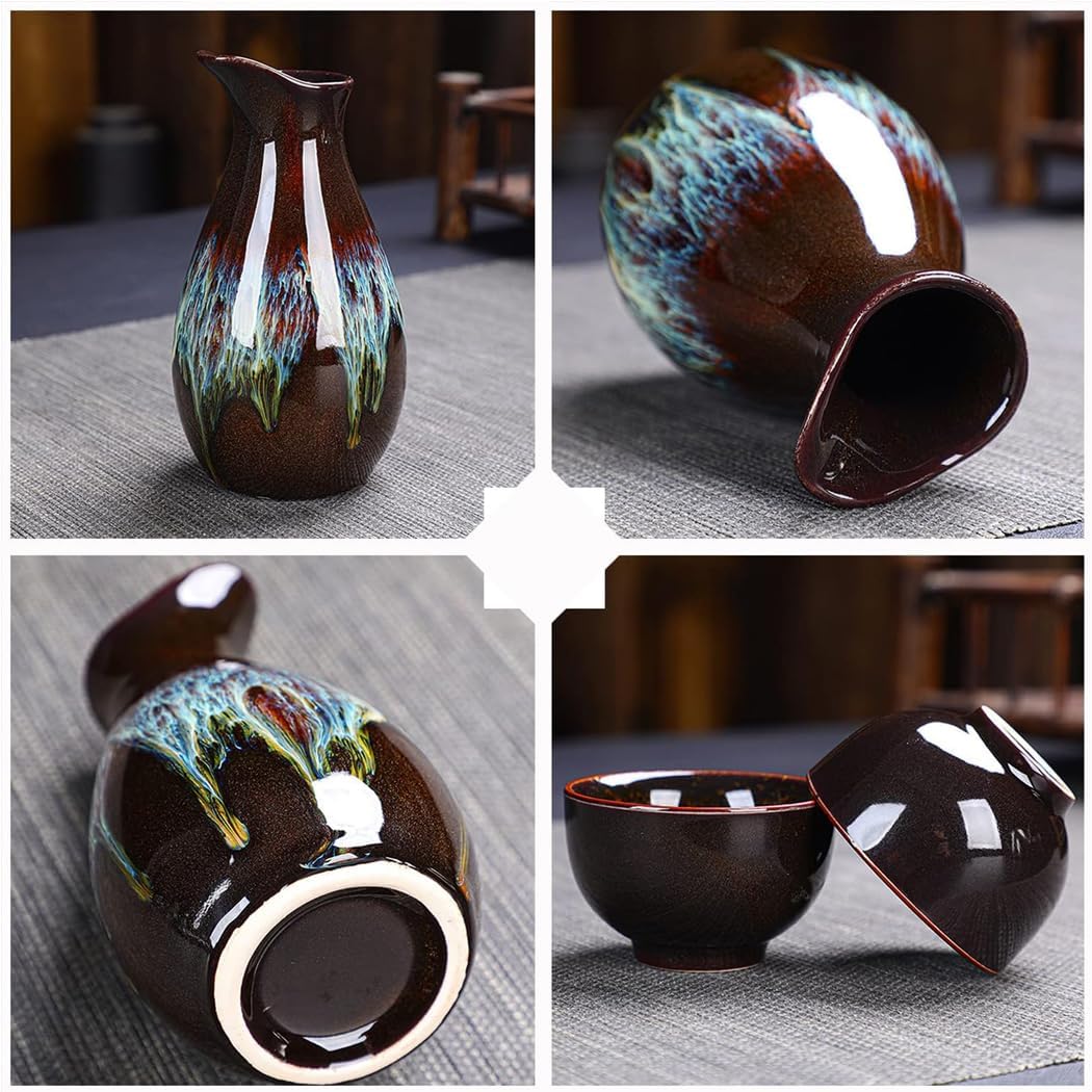 Sake Set Glaze Ceramic Japanese Sake Set With 3D Goldfish,Japanese Traditional Sake Set,Porcelain Cups Crafts Wine Glasse With 6 Sake Cups,1 Sake Pot,Best Gift brown