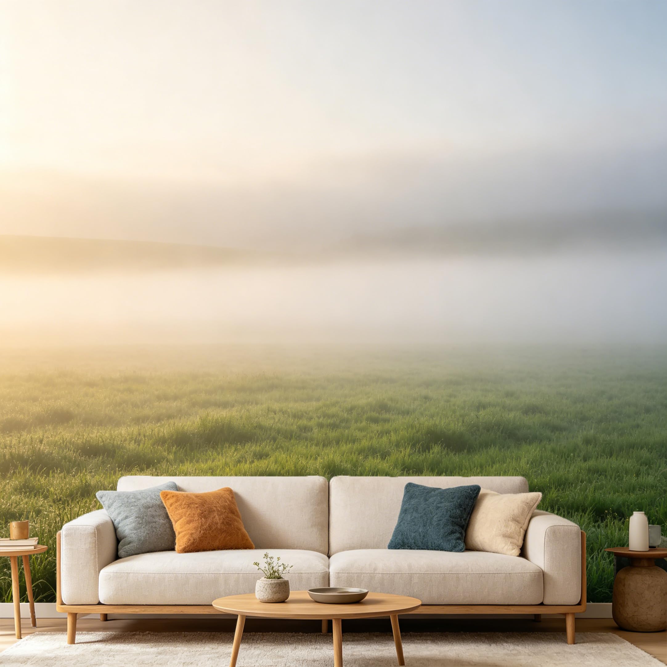 Custom Size Wall Mural Morning Foggy Meadow Landscape Natural Sunrise Field View Minimalist Zen Nature SelfAdhesive Art Prints wall Fabric(No PVC) Removable Wallpaper Home Bedroom Decor