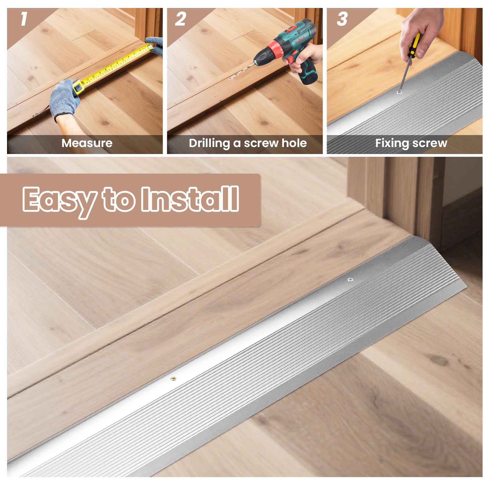 Aluminium-Metall-Türschwelle für Türen, Rampen für Türen bis zu 4,1 cm, für Rollstuhlfahrer zugängliche Übergangsleiste, für Fliesen, Holz, Vinyl, Marmor, Laminat, Betonböden (Silber, 2 Stück)