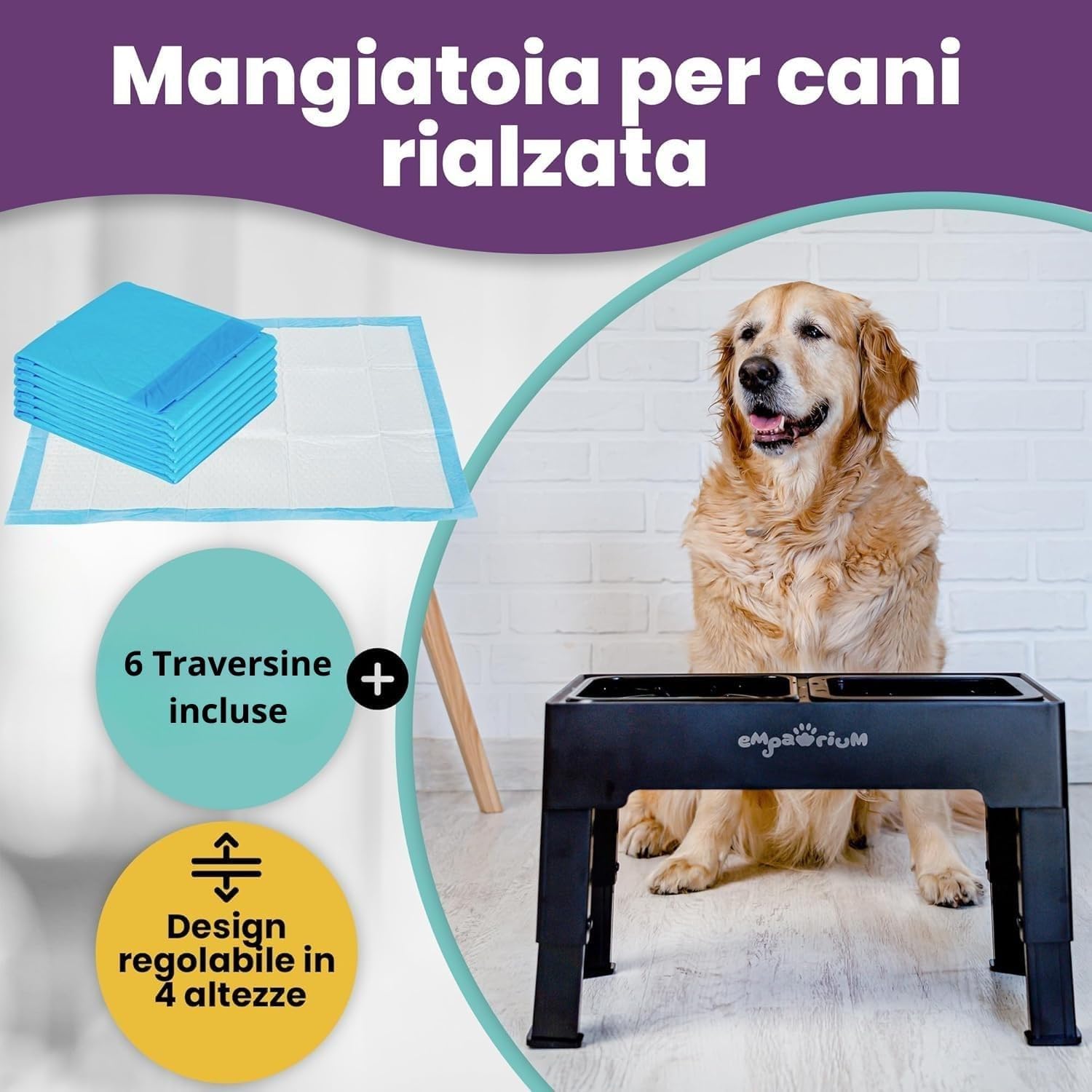 Empawrium 2 Ciotole per Cani Rialzate, Anti Ingozzamento e Ciotola Acqua Antigoccia 1600ML - 4 Altezze, Adatto per ogni Taglia di Cane Piccolo, Medio e Grande - Con 6 Traversine