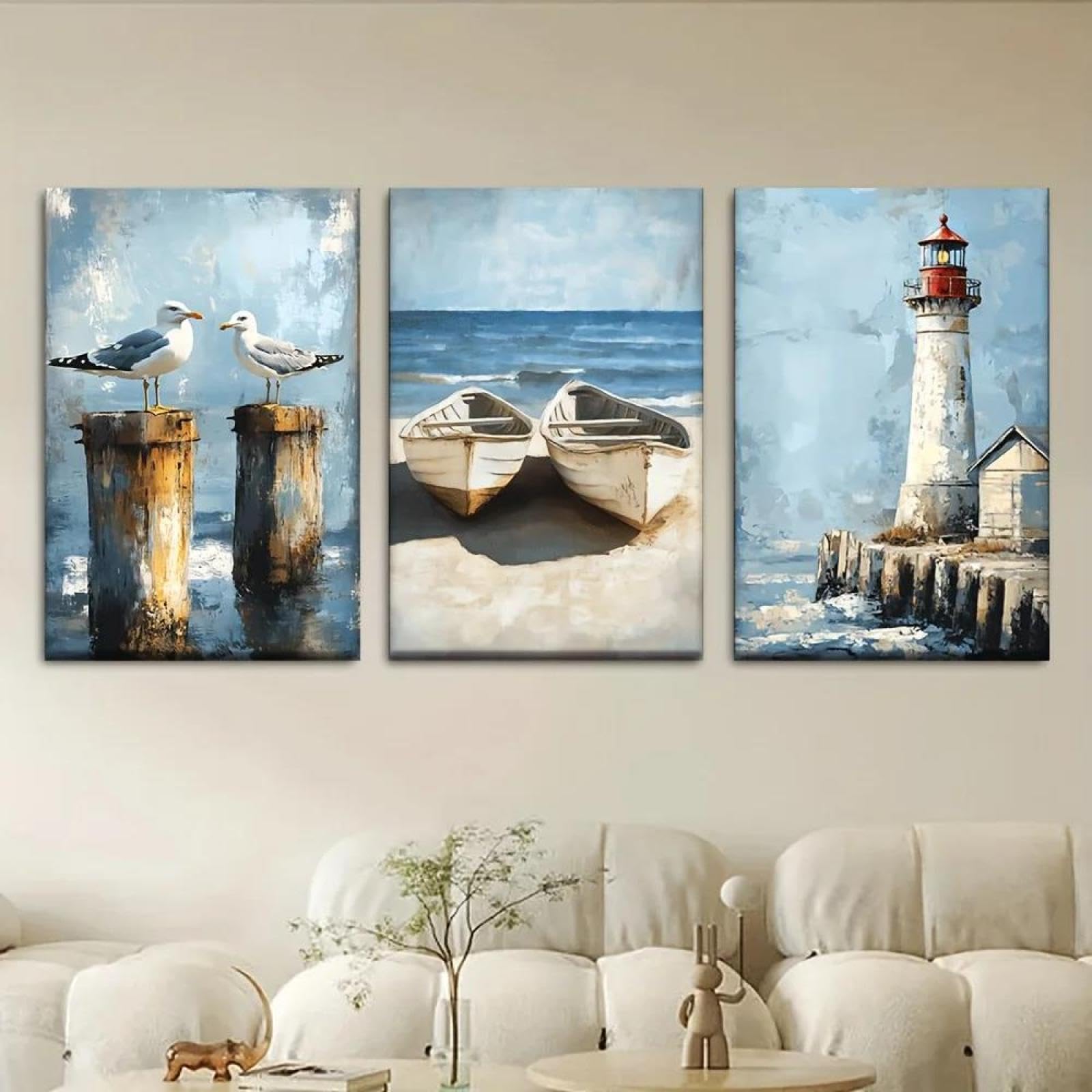 Baibexing Nautical Lighthouse Coastal Seagulls, Boats & Lighthouse Poster Prints Canvas Painting Wall Art Picture For Living Room Home Decor 21X30Cmx3Pcs Unframed