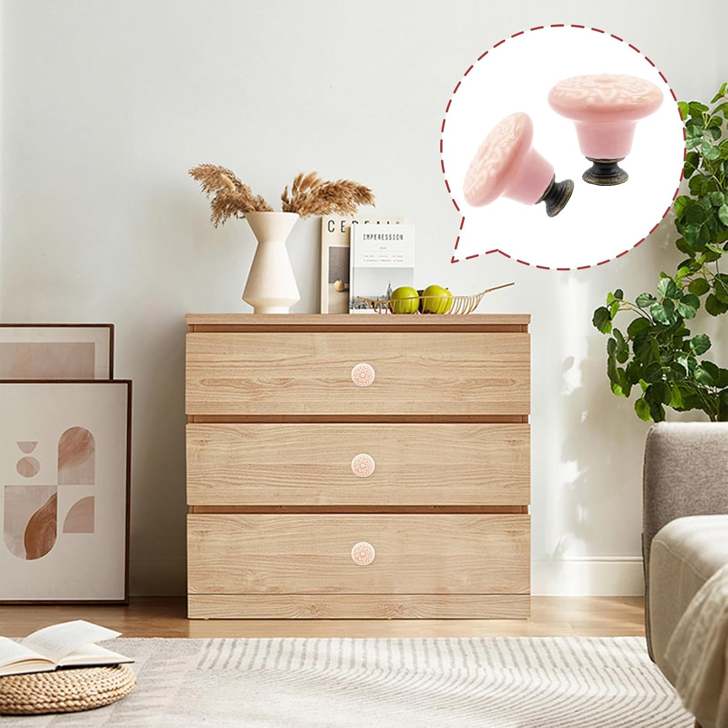 8pcs Pink Vintage Ceramic Kitchen Cabinet Knobs & Pulls - Retro Drawer Handles for Closet, Cupboard & Furniture Doors