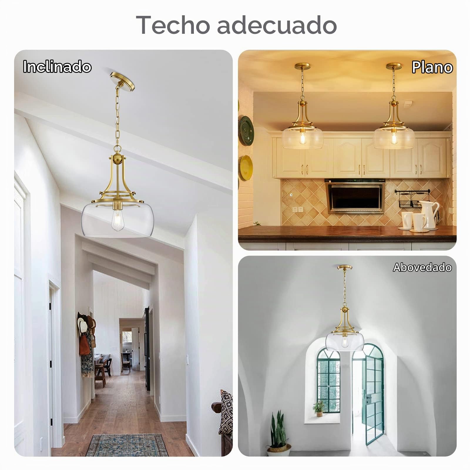 WUZUPS araña rústica granja industrial techo redondo colgante led lámpara con pantallas de vidrio transparente para comedor cocina isla vestíbulo entrada, h 43 x w 34, base e27, oro cepillado