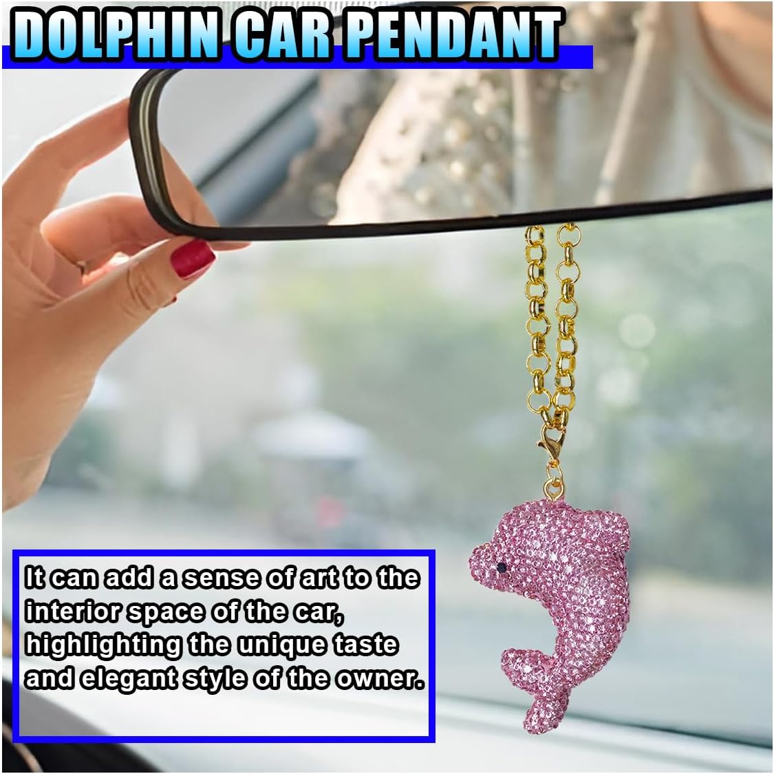 Bling Dolphin Ornaments for Car Decoration, Funny Rear View Mirror Charm with Sparkle Rhinestone, Ocean Themed Car Interior Pendant Accessory, Cute Present for Women, Men, Ocean Lover (Pink)
