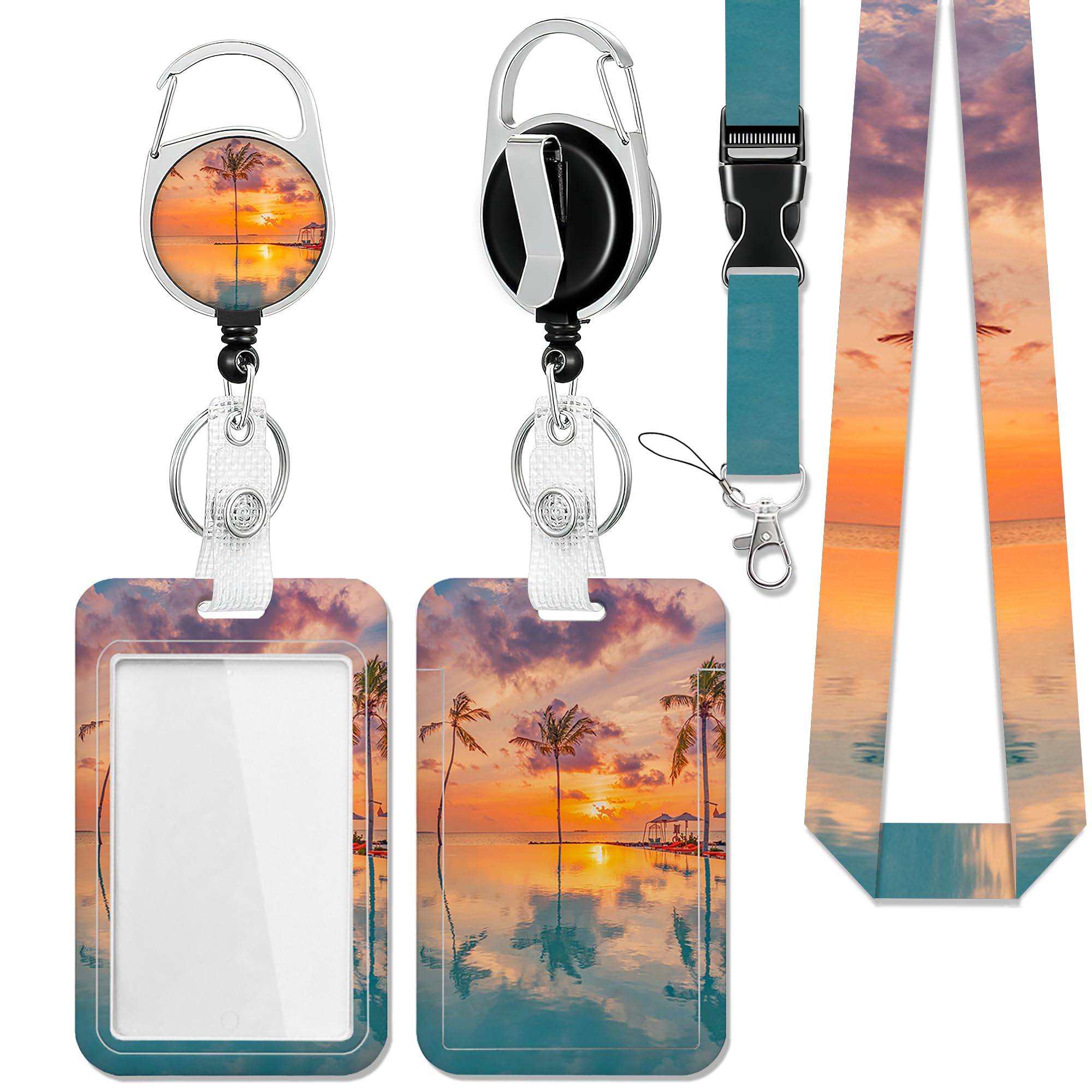 Beach Palm Tree Lanyards for Id Badges,ID Badge Holder and Retractable Reel Clip Lanyard with ID Card Nametag Badge Holder for Nurse Teacher