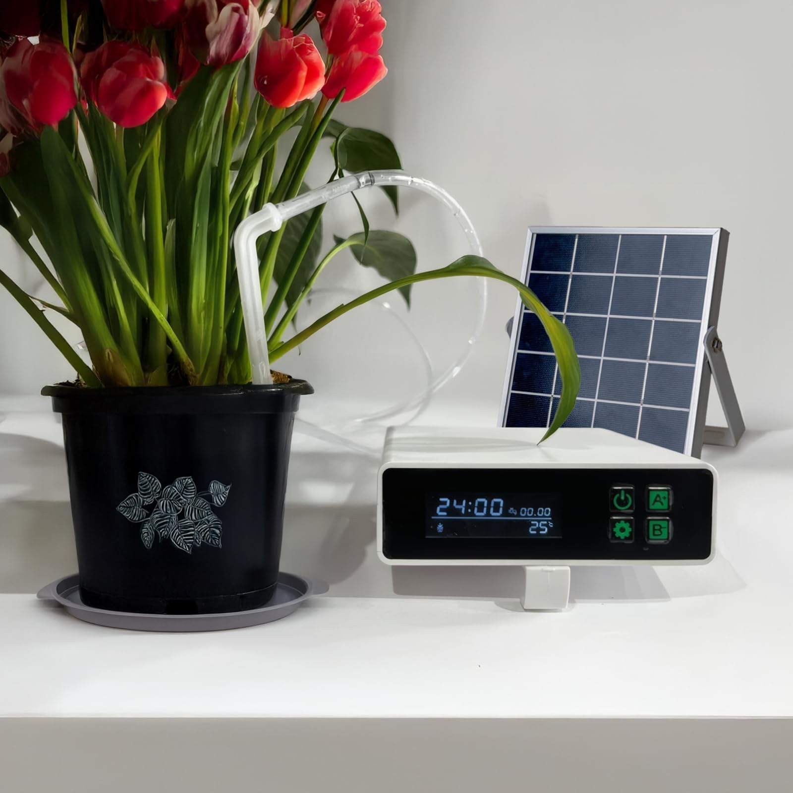 System nawadniania roślin, automatyczne urządzenie nawadniające, pomiar czasu słonecznego, wyświetlacz LCD, regulowane głowice kroplowe, 20 doniczek idealne, oszczędzające wodę, łatwa konfiguracja