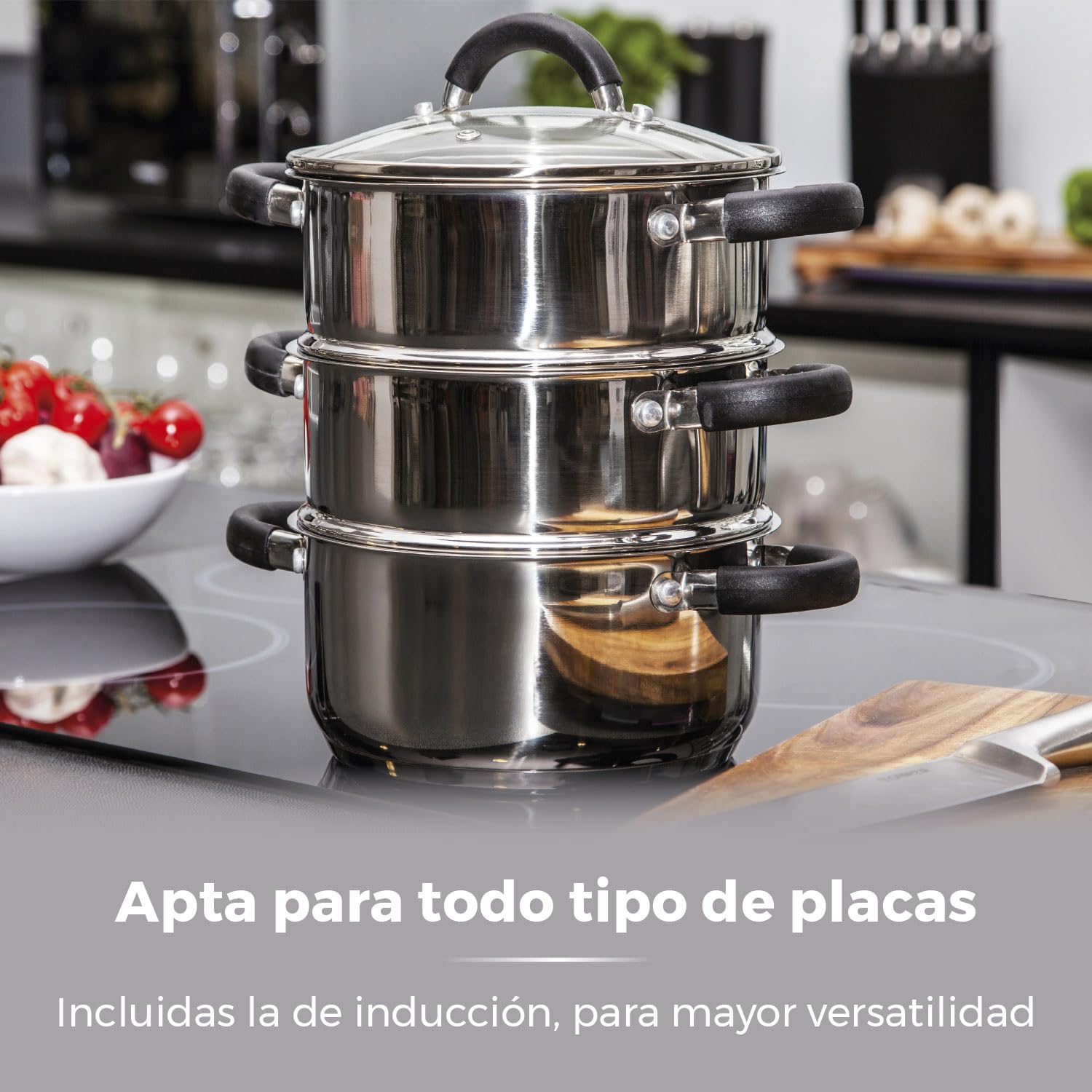 Tower Essentials T80836 Olla de Acero Inoxidable Pulido para Cocinar al Vapor de 3 Niveles con Tapa de Cristal – Cacerola para Inducción con Asas de Silicona – 18 cm