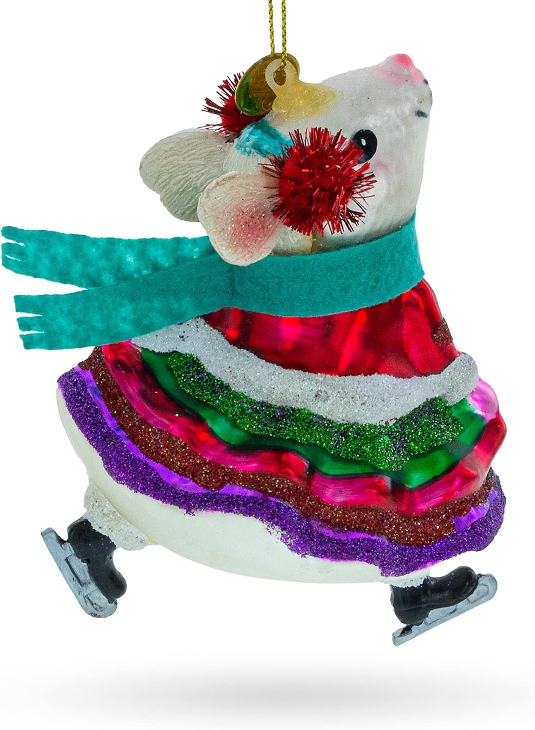 Graceful Mouse on Ice Skates Blown Glass Christmas Ornament