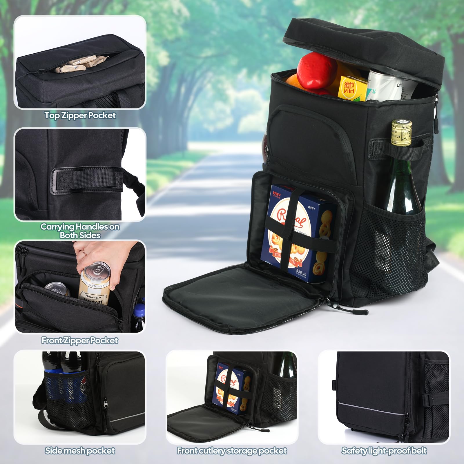 DEWUR Kühlrücksack 20L Thermo Rücksack Kühltasche Wasserdichter Picknickrücksack mit Flaschenöffner für Picknick Camping Strand Wandern Reisen Einkaufen (Schwarz)