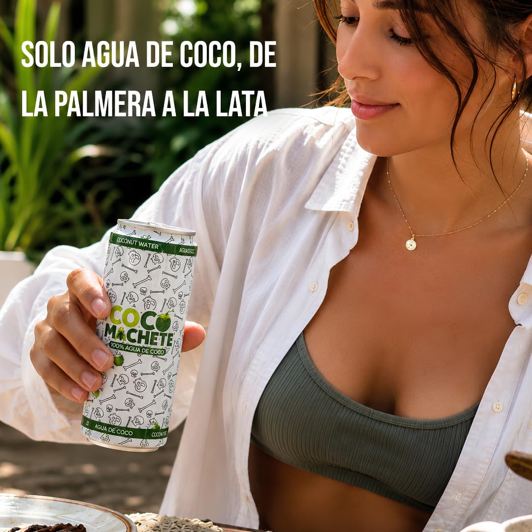 Coco Machete® Agua de Coco Natural 100% | Pack 24 Latas x 310 ml | Agua Coco Sin Azúcares Añadidos ni Conservantes | Hidratación Natural | Bebida de Coco Refrescante