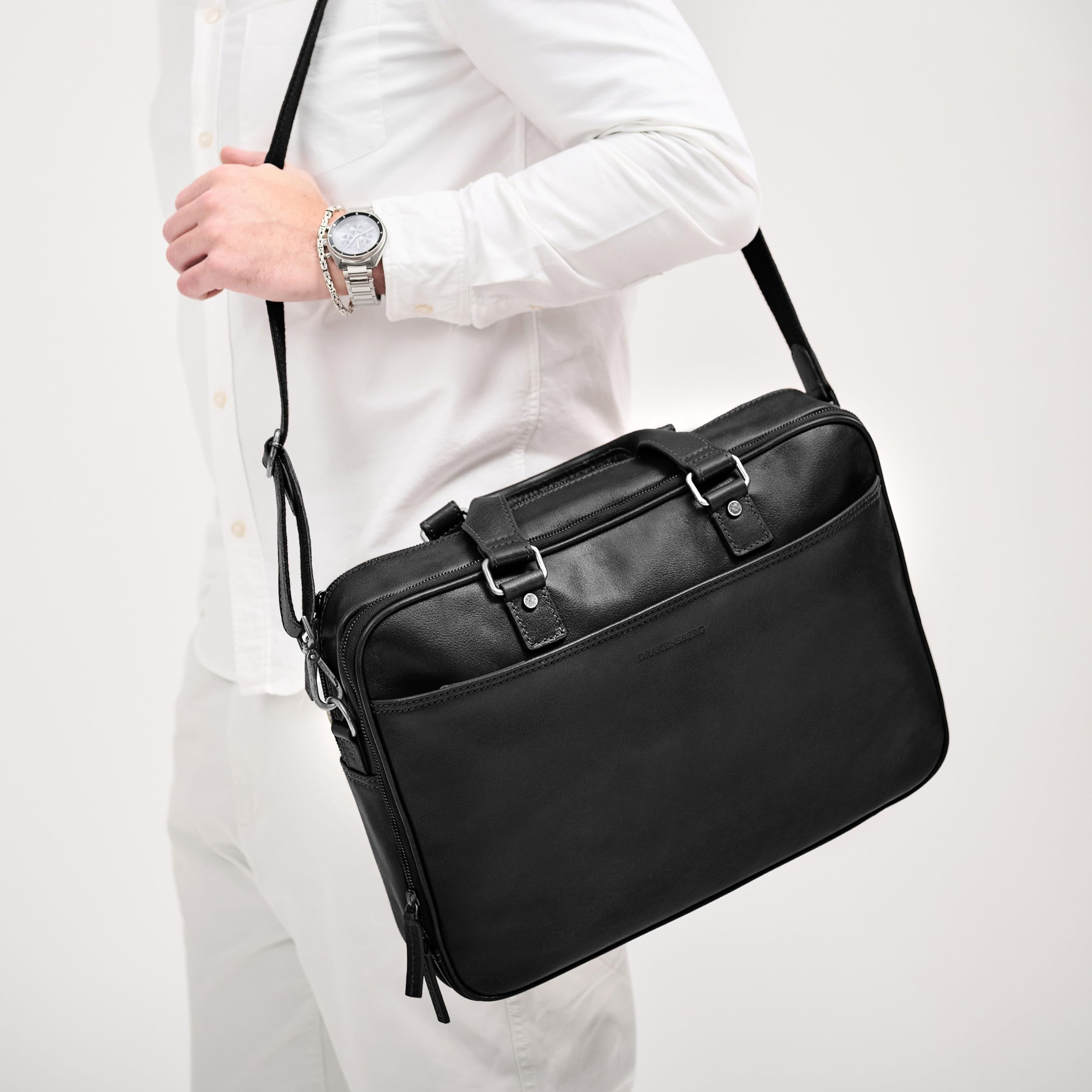 DRAKENSBERG Aurelio Porte-documents en cuir pour homme, 2 compartiments principaux, sacoche luxueuse pour ordinateur portable 16" pour le bureau, le travail, les voyages, 11 l, Noir , L