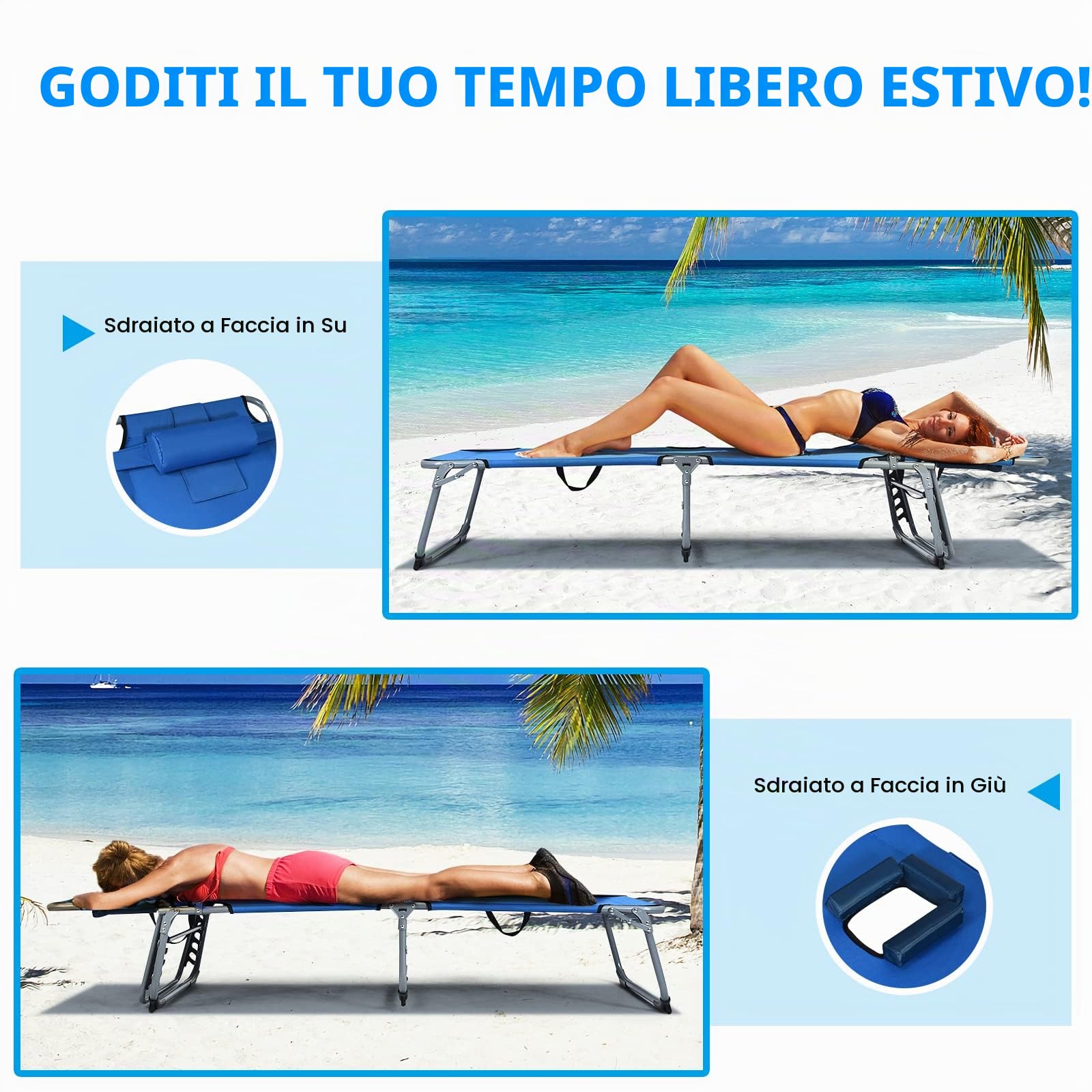 LIFEZEAL Lettino Prendisole Pieghevole, Lettini da Spiaggia con Schienale Regolabile in 5 Posizioni, Sdraio da Giardino con Cuscino Staccabile, Brandina Portatile da Mare o Campeggio (Blue)