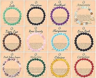 WAINIS 12PCS 8mm Semi-precious Beaded Bracelets for Men Women Healing Stretch Round Bead Crystal Gemstones Bracelets Unisex Jewelry Gift