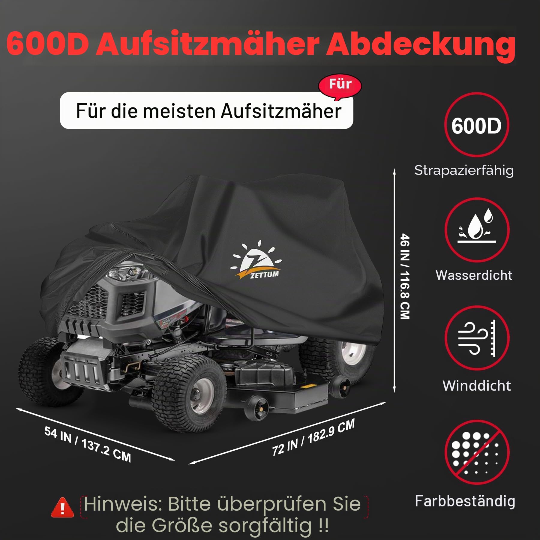 Zettum Rasenmäher Abdeckung Aufsitzmäher Rasentraktor Abdeckung 600D Oxford PU Beschichtung Heavy Duty & Wasserdicht Abdeckhaube für Aufsitzmäher Rasentraktor