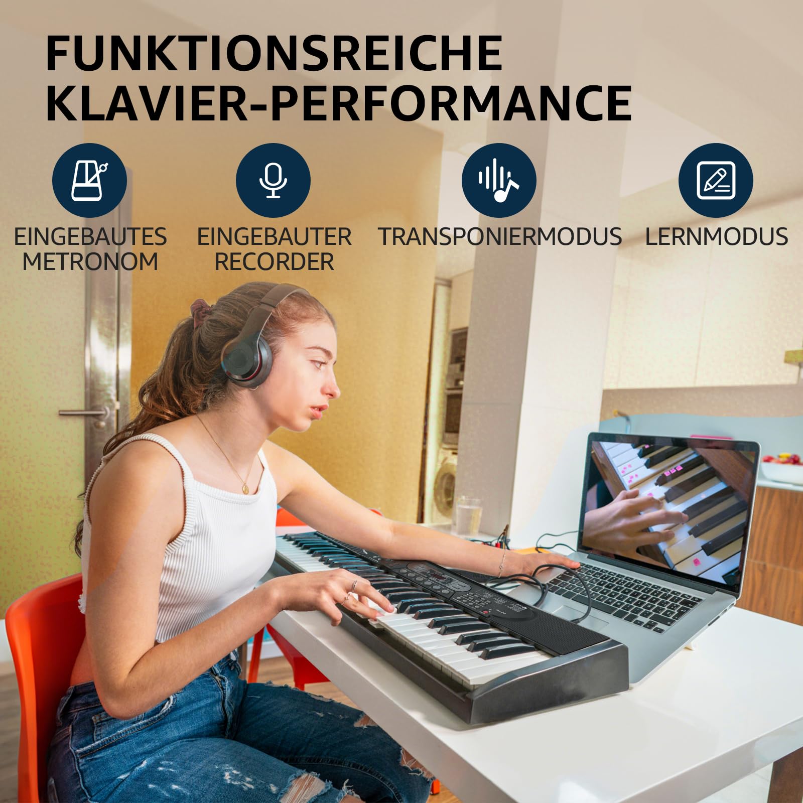 Keyboard Piano 61 Tasten mit Leuchttasten, E Piano für Anfänger, Digitalpiano mit Klavierhocker, Keyboardständer, Notenständer, Mikrofon, mit USB, MIC, AUX & Kopfhörer Anschluss, 3 Lernmodi