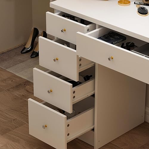 Miniatura 7 de Juego de mesa de tocador con espejo iluminado, mesa de maquillaje con 3 estantes y 5 cajones, mesas de tocador de vestir, escritorio tocador para