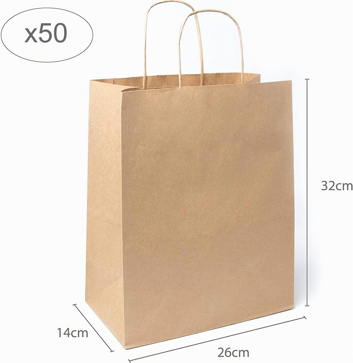 Extiff - Confezione di 50 sacchetti marroni in carta kraft con manici, 26 x 14 x 32 cm, shopping bag, confezioni regalo per compleanno, Natale o matrimonio