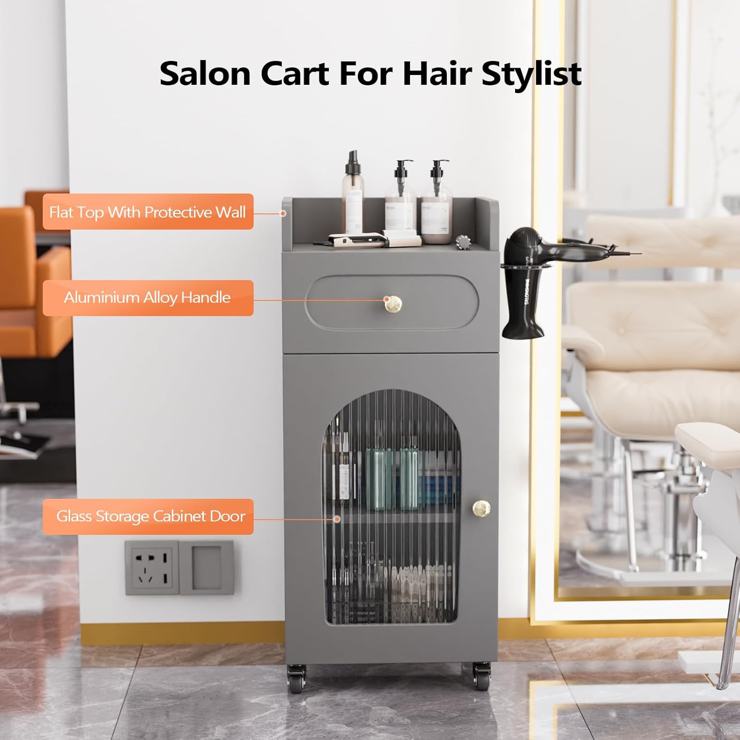 OmySalon Salon Cart with Wheels, 3-Tier Rolling Beauty Cart with Glass Door & Dryer Holder, Mobile Hair Styling Station for Barber, Spa, Esthetician, Nail & Tattoo Artists, Lockable Storage, Grey