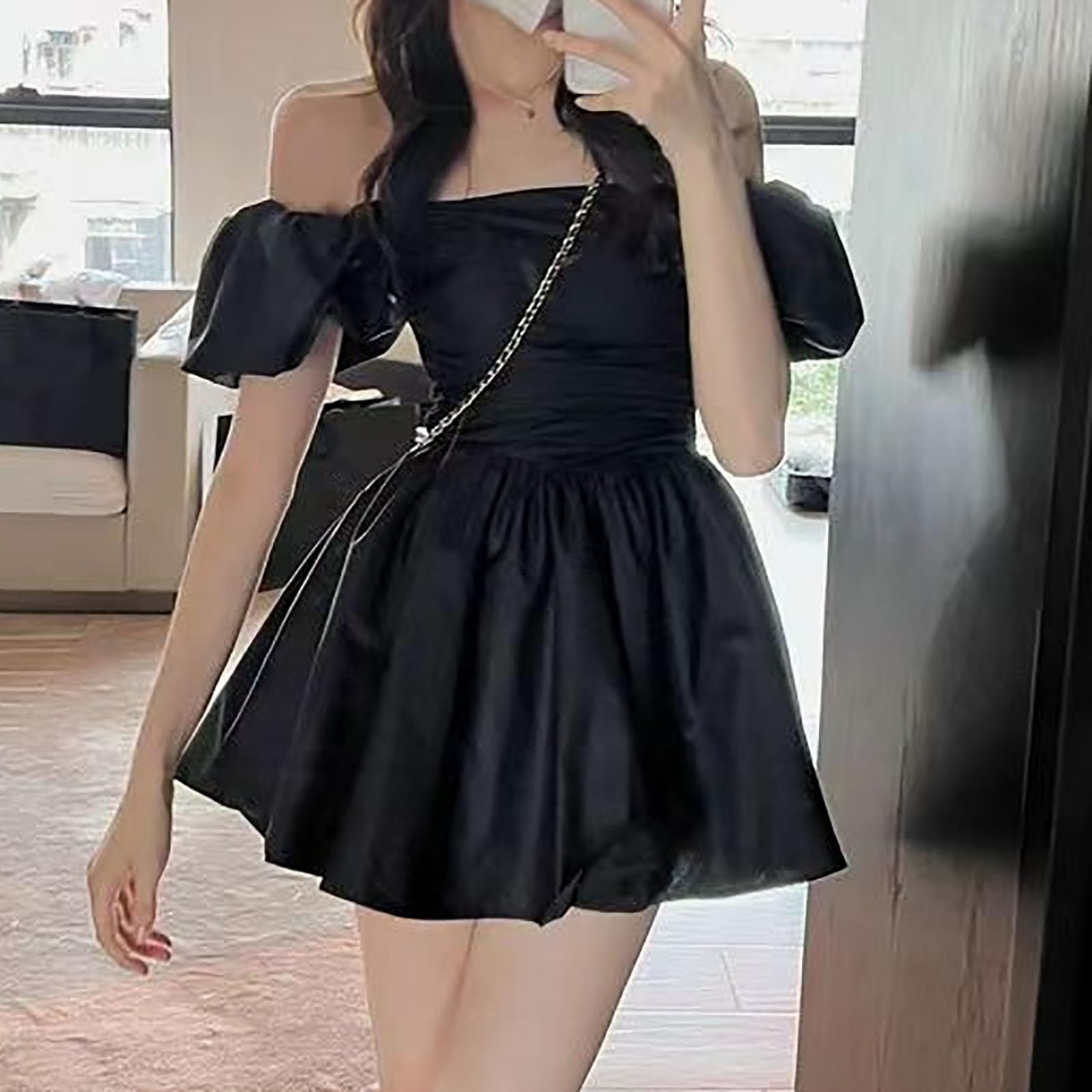 Szlafrok Noire Femme Summer Pure Desire Two Wear francuski bufiaste rękawy sukienka talia jedno słowo z odsłoniętymi ramionami puszyste wakacje