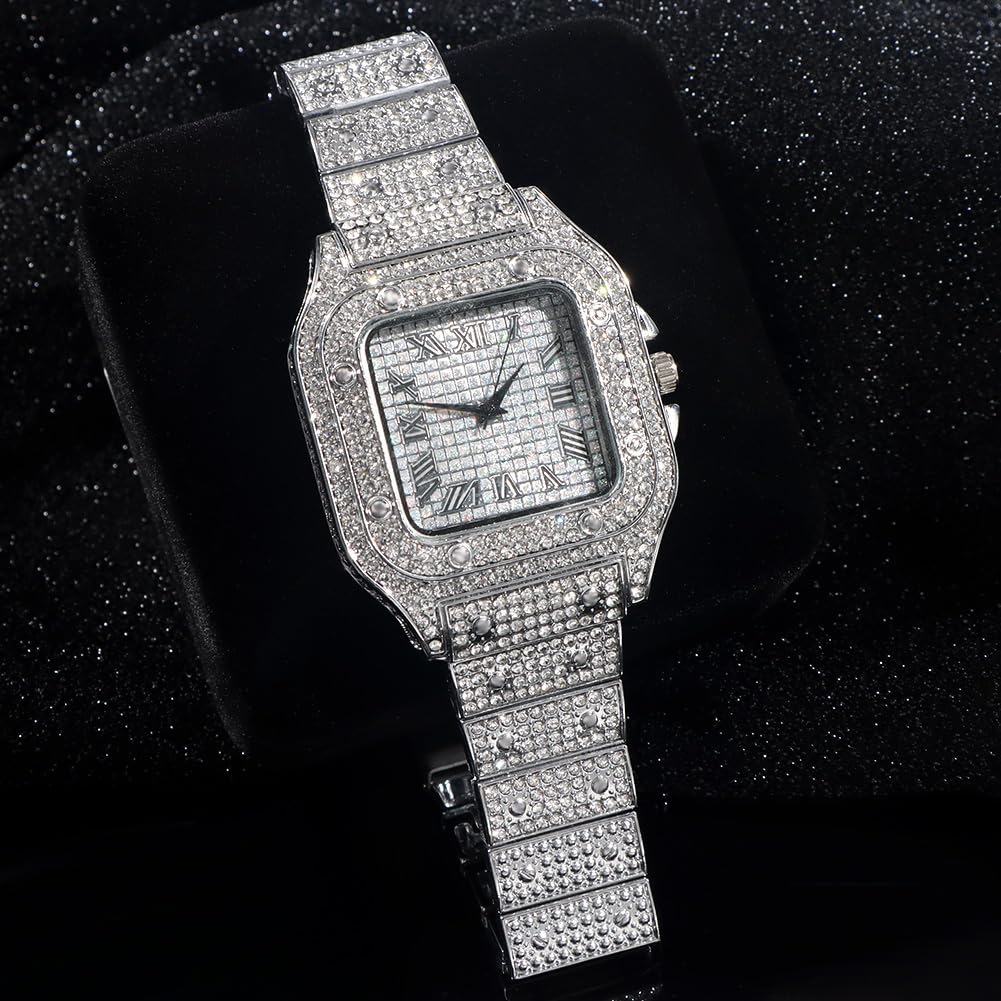 Apzzic Diamond Iced Out Watch CZ Gold Plated 40mm Width Roman Numerals Dial Quartz Wristband Watch for Men Women