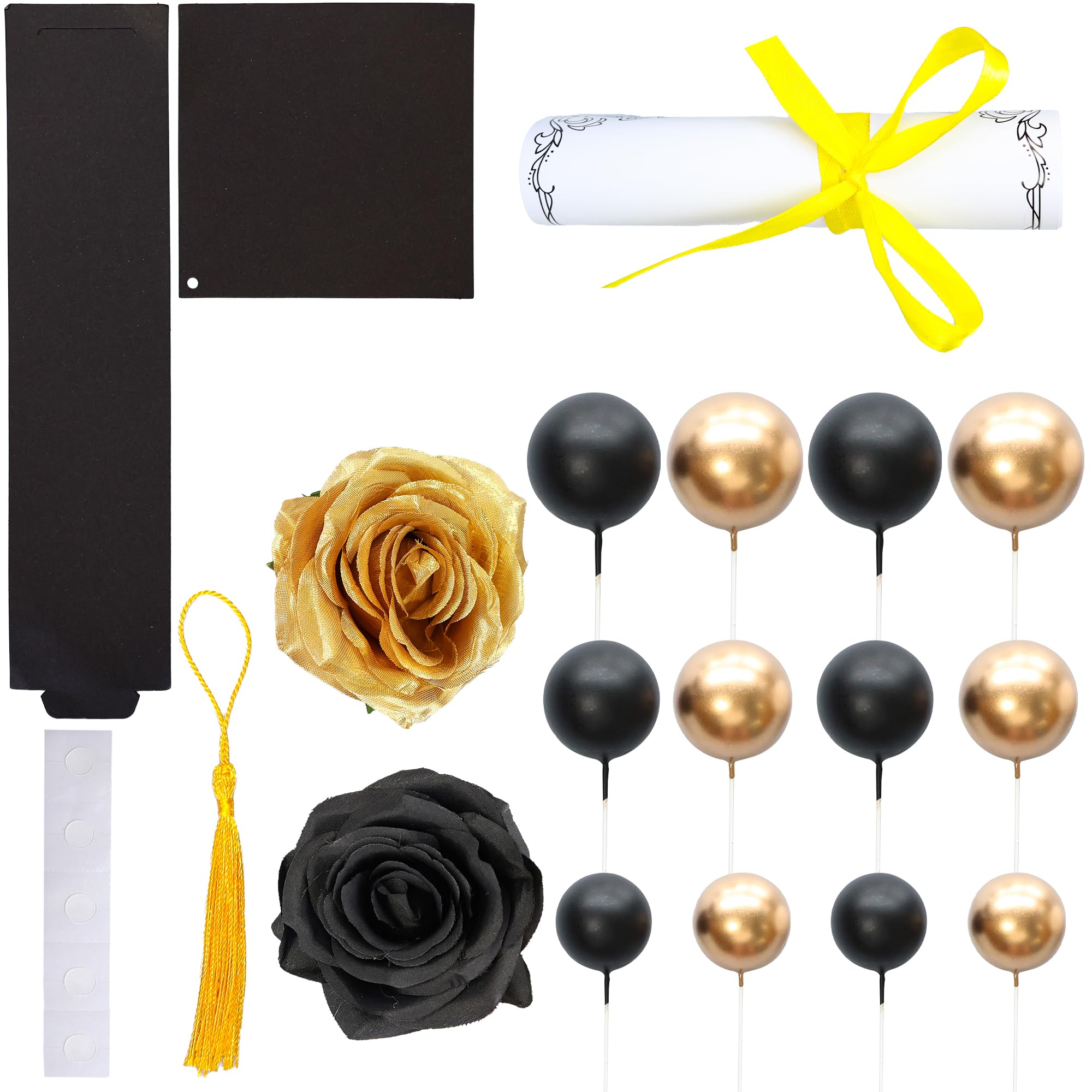 Gyufise 40Pcs 2026 Graduation Cake Topper Decoration Diploma Done Diploma Grad Cap Cake Pick Balloon Flower Prom 2026 Cake Decorations for Class of 2026 Congrats Grad Party Supplies Black Gold - Image 4