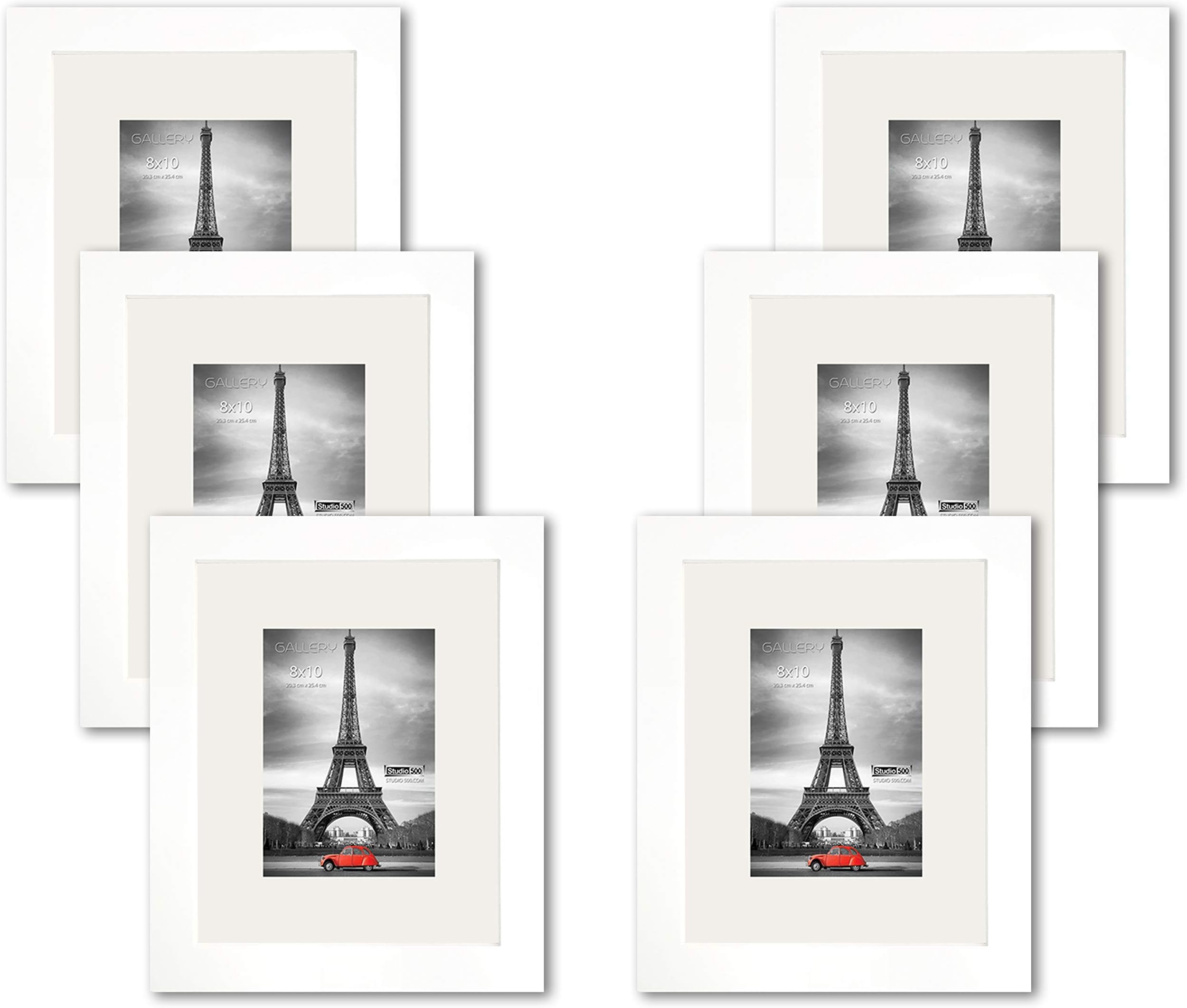 6 Value Pack of 8 by 10-inch Real Solid Wood Photo Frames, Tempered Glass, with Acid Free Off-White Core Bevel Mat Board for 5x7 Pictures, Comes in 2 Colors (White)