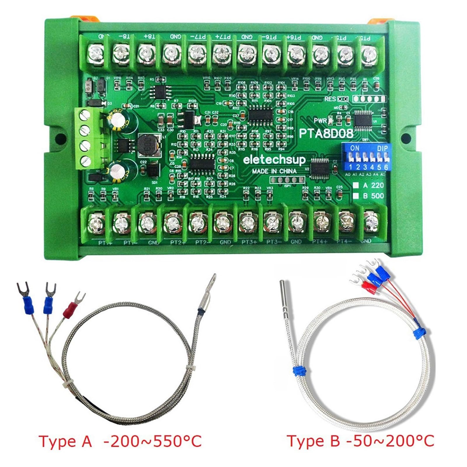 Módulo de adquisición de sensor de temperatura de 8 canales DC8-30V PT100 RTD RS485 Rep NTC K termopar Modbus RTU -40°C~+500°C (tipo C)
