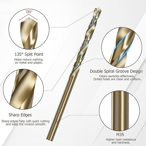 Miniatura 3 de Brocas de cobalto M35 de 10 piezas, brocas HSS de 18 de pulgada, brocas de punto dividido de 135 grados para metal y madera, brocas helicoidales
