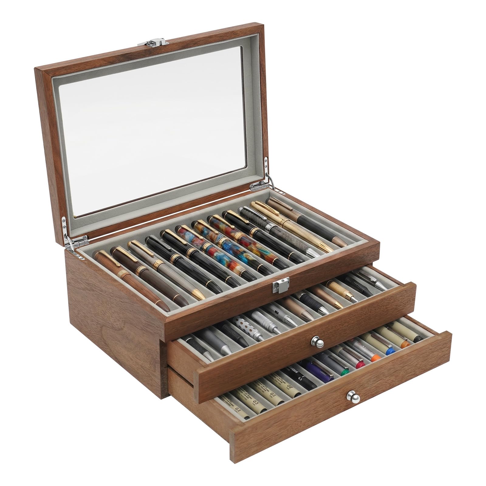 34 Slots Walnut Fountain Pen Display Case Pen Storage Box with Glass Lid