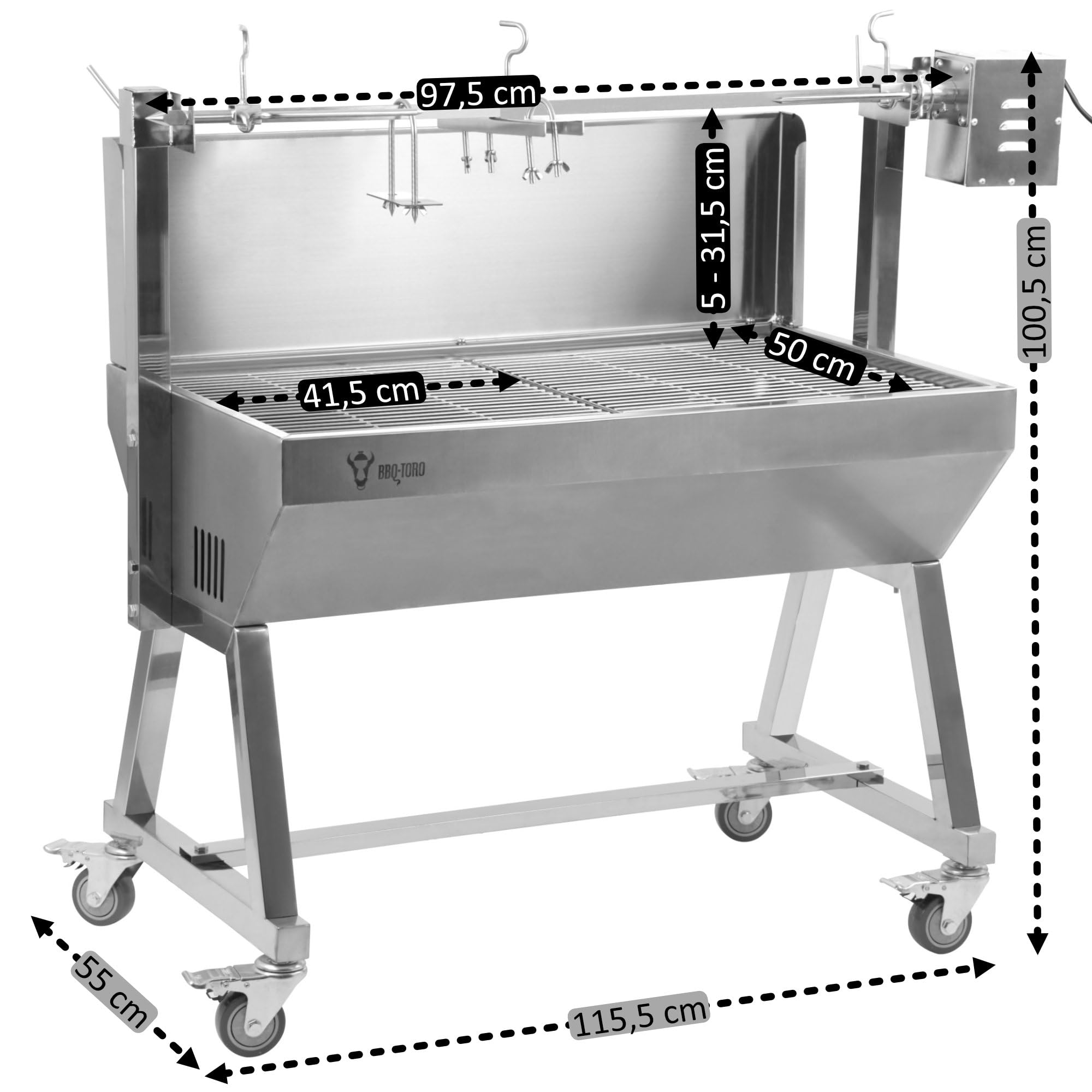 BBQ-Toro Grill à cochon de lait mobile en acier inoxydable | Jusqu’à 60 kg | Rôtissoire avec moteur, barbecue tournebroche | Grill pour porc et agneau avec roulettes, broche électrique