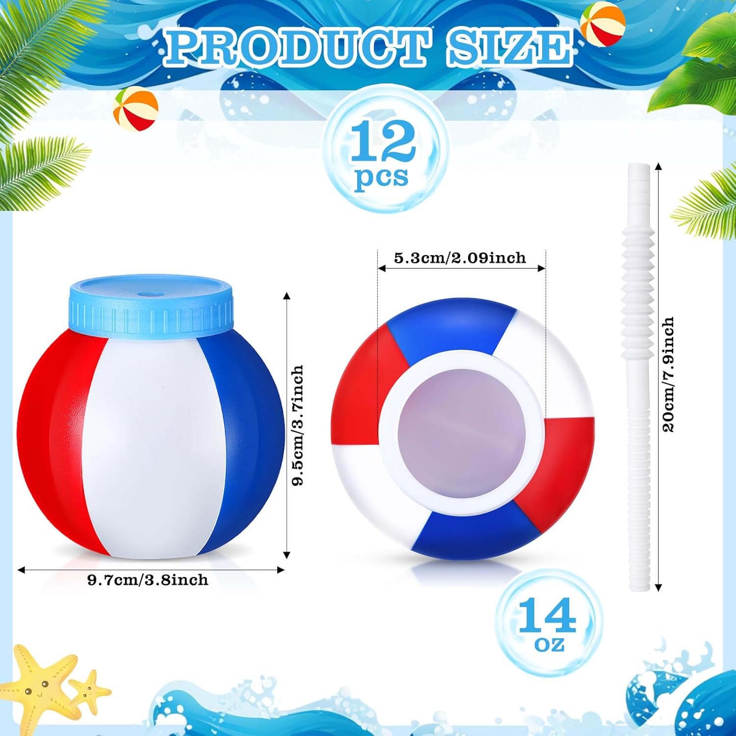 Skyley 12 Pcs 14 oz Summer Beach Ball Cups with Straws and Lids Plastic Sipper Reusable Summer Pool Drinking Cups for Birthday Beach Birthday Theme Party Supplies