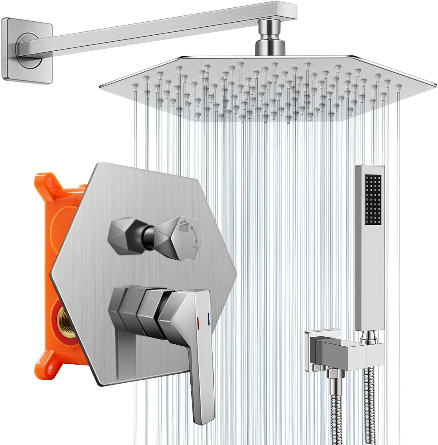 Shower Faucet Set 10inch Bathroom Diamond Rain Shower Head with Handheld Spray Wall Mounted Rainfall Shower Fixtures (Brushed Nickel) Brushed Nickel Diamond Without Tub Spout