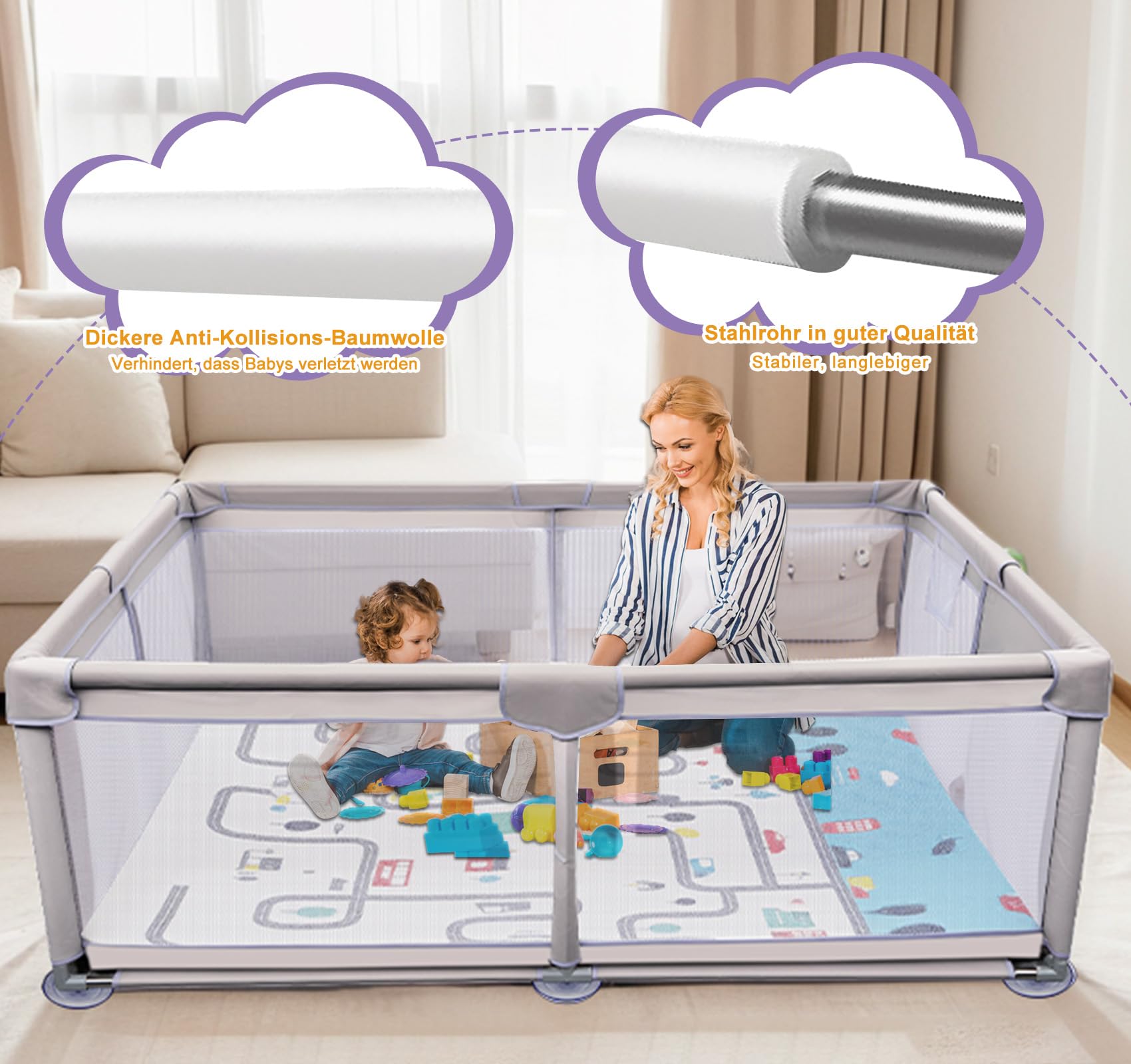 Laufstall Baby mit Matratze 120x180cm, Großes Laufgitter für 2-3 Kinder, Playpen Atmungsaktiver 600D Oxford-Stoff mit Rutschfesten Saugnapf-Füßen, für Einfamilienhaus Große Familienwohnung