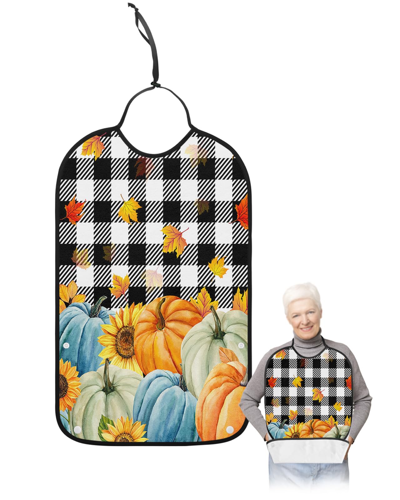 LEOKOTI Orange Blue Teal Pumpkins Fall Adult Bibs for Eating, Waterproof Bibs with Food Catcher & Snap Closure, Thanksgiving Maple Leaf Black Plaid Washable Clothing Protectors Adult Bibs for Elderly