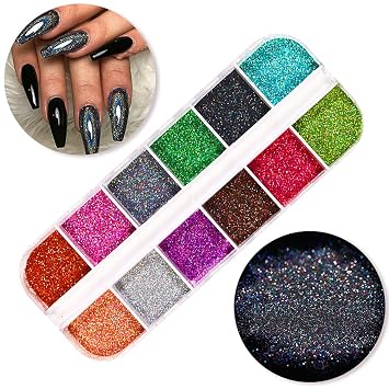 Holographic Nail Powders Laser Shining Glitter Powder Nail Art Supplies 3D Nails Glitter Nail Art Pigment Glitter Dust Powder Set for Nails Art Decoration Sparkle Manicure Tips Charms 12 Colors