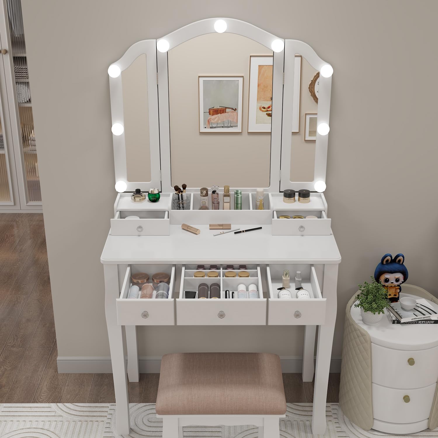 Longtesun Makeup Vanity Set Teen White Vanity Desk with Mirror and Lights Vanity Mirror with Lights Desk and Chair Makeup Vanity Table Makeup Vanity