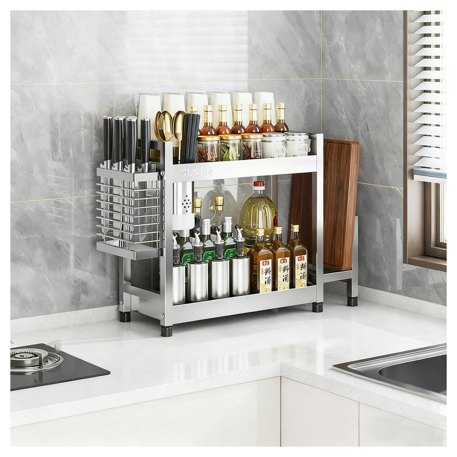 TIANQIHAO Stainless Steel Spice Rack Nizer For Kitchen Worktop, Space-Saving Design With Cutlery Holder And Cutting Board Shelf,2 Tier-35cm/13.7
