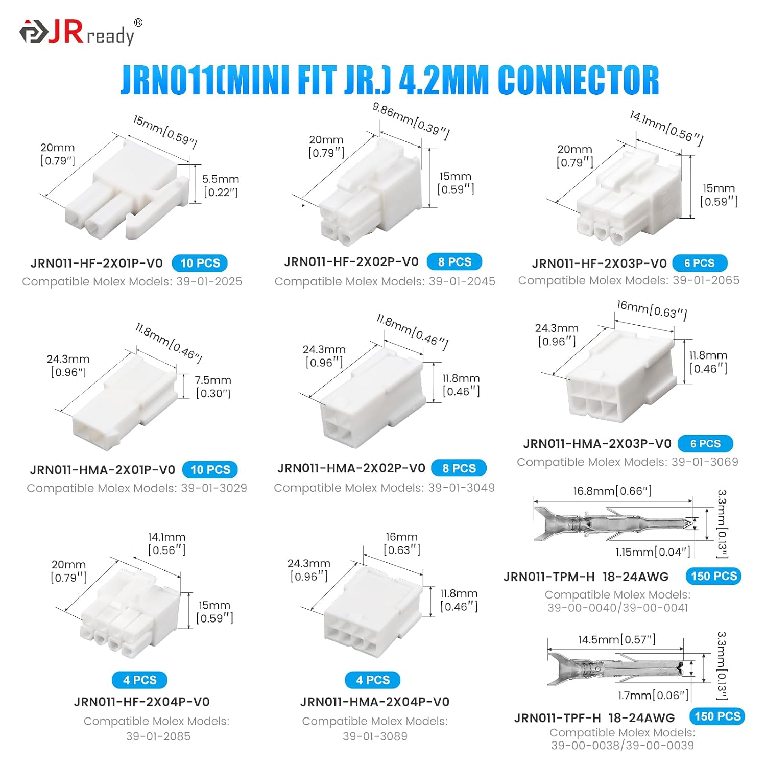 JRready Molex Mini-Fit Jr Pin Connector Kit Dual Row 4.2mm Pitch 2-8Pin Housing Plug with Molex Pin Extractor ACTCRH6A02