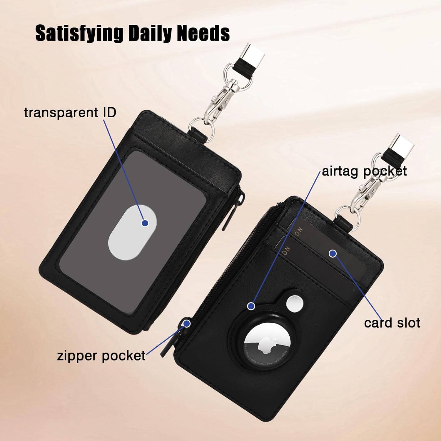 2-in-1 Airtag Badge Holder & Slim Minimalist Front Pocket Wallet, PU Leather ID Badge Card Holder with Zipper Pocket & 1 Clear ID Window & 2 Credit Card Slot & 1 Lanyard