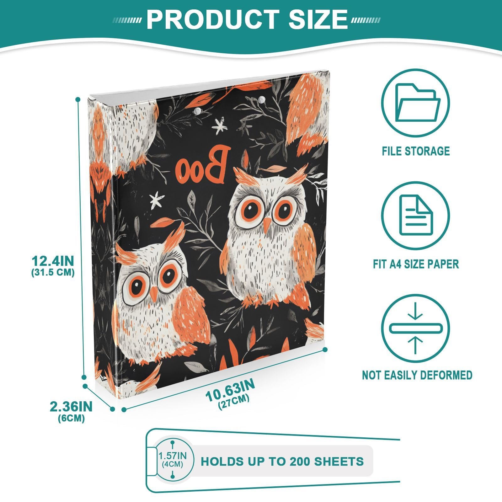 Confezione da 2 raccoglitori a 3 anelli, con graziosi gufi, foglie, 3,8 cm, con 3 tasche trasparenti, portablocco e contiene 200 fogli, per ufficio, scuola, organizzazione domestica