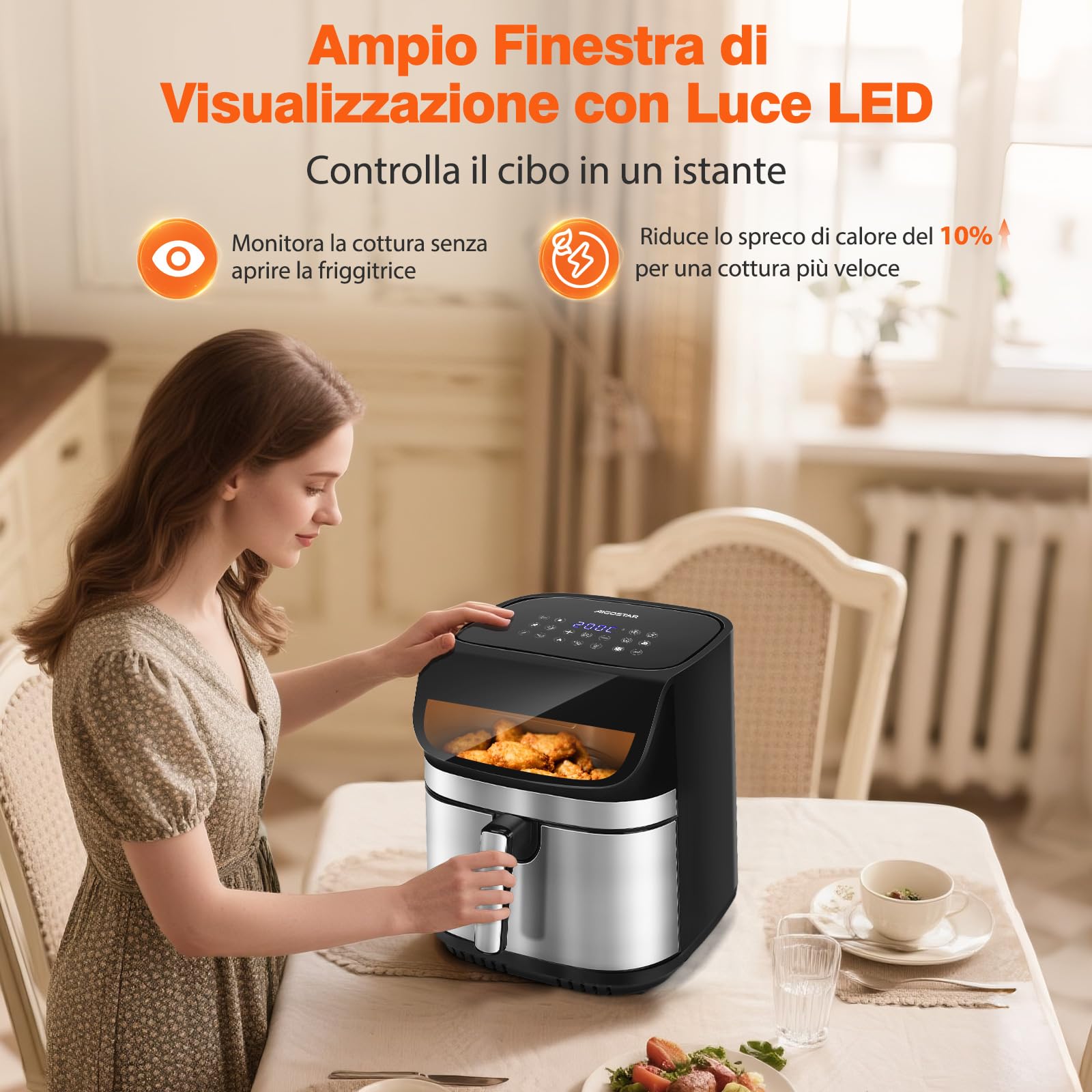 Aigostar Friggitrice ad Aria XXL 8,8 Litri, Air Fryer Doppia Resistenza, Risparmio Energetico 55%, 13 Programmi, Interno Acciaio Inox, Touchscreen & Finestra, Comunità Ricette, BPA FREE