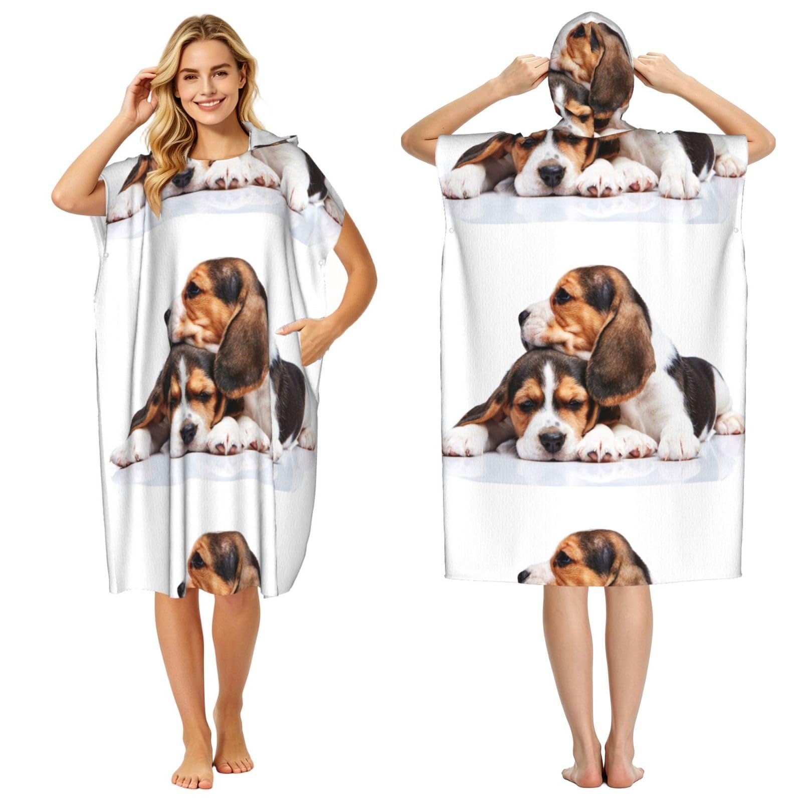 Poadnly Cute Pets Beagle Puppies Dogs, Adult Hooded Beach Towel 90 x 110 cm,Changing Bath Robe, Surf Poncho Towel For Women Men