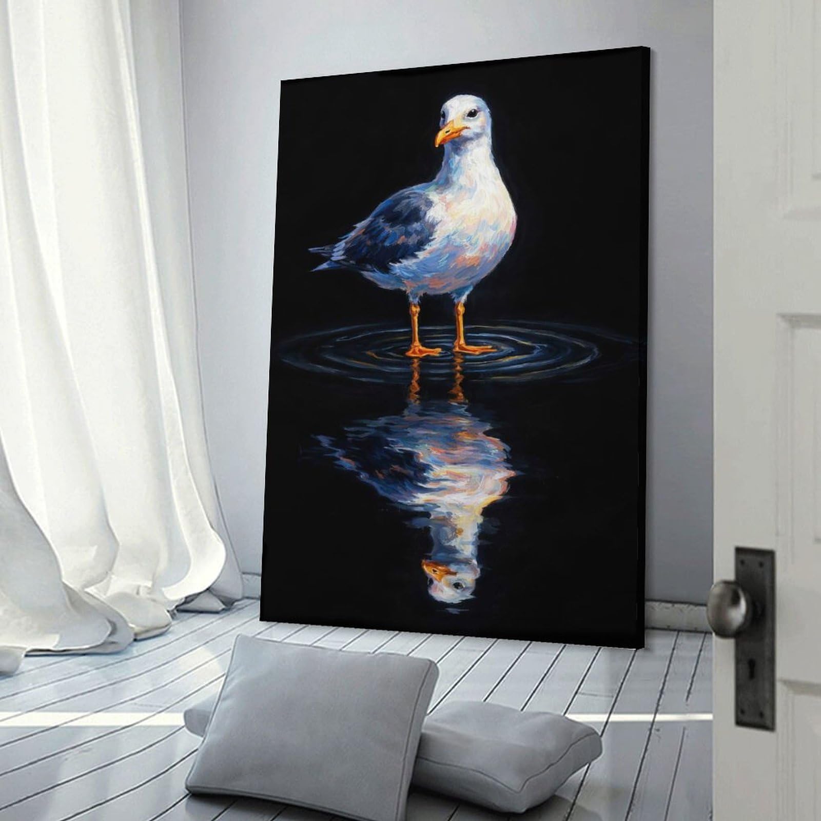 Junmoney Seagull Reflected in Water Canvas Wall Picture, 12x18inch(30x45cm), for Wall Displays, Bedrooms Or Room Updates, Wall Decor Suited to Curated Displays