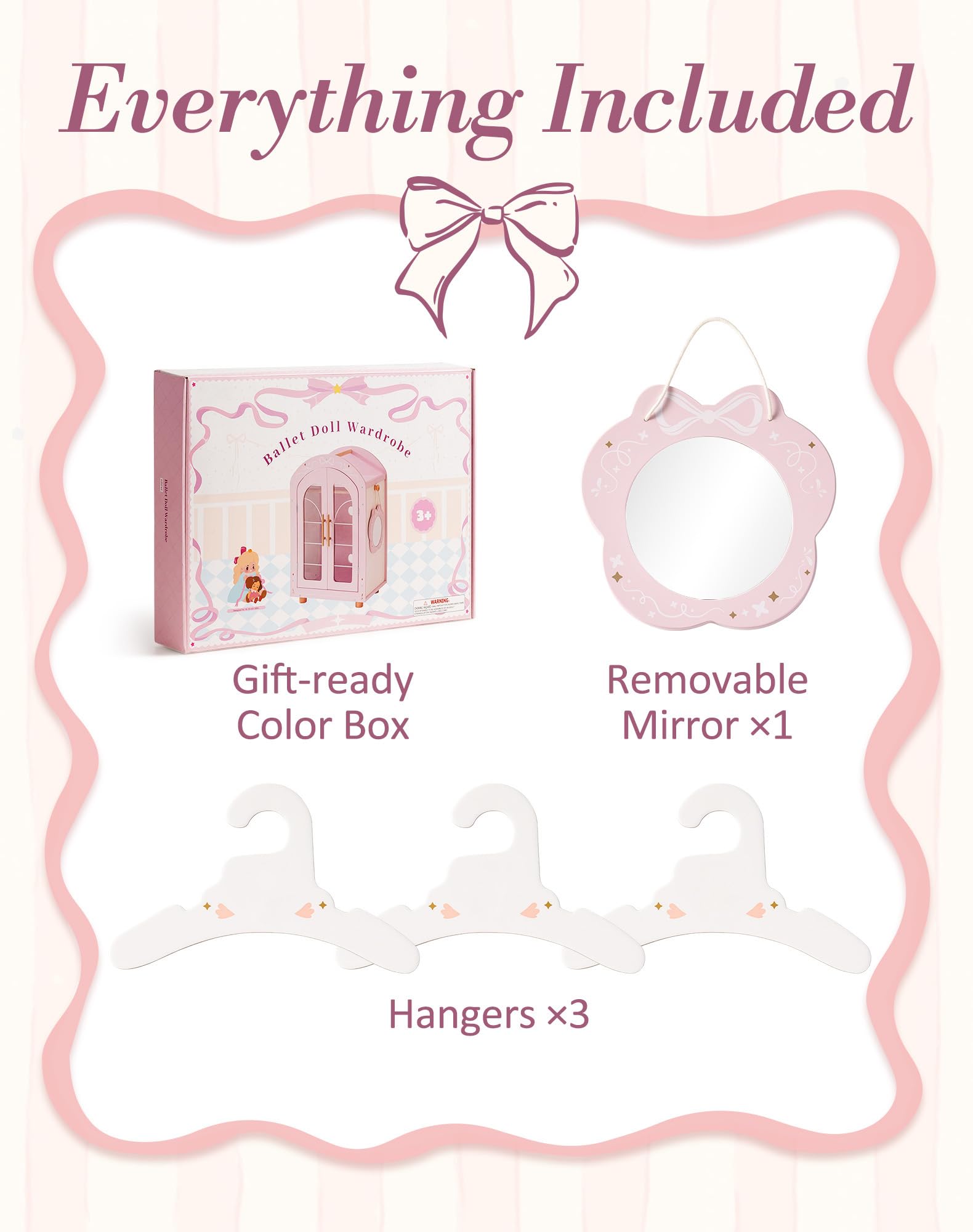ROBOTIME Holz Puppenschrank für 43-45cm Puppen, Kleiderschrank mit Spiegel & Kleiderbügel, Holz Puppenmöbel mit Klaren Doppeltüren, Ballet Fairy Serie – Rosa