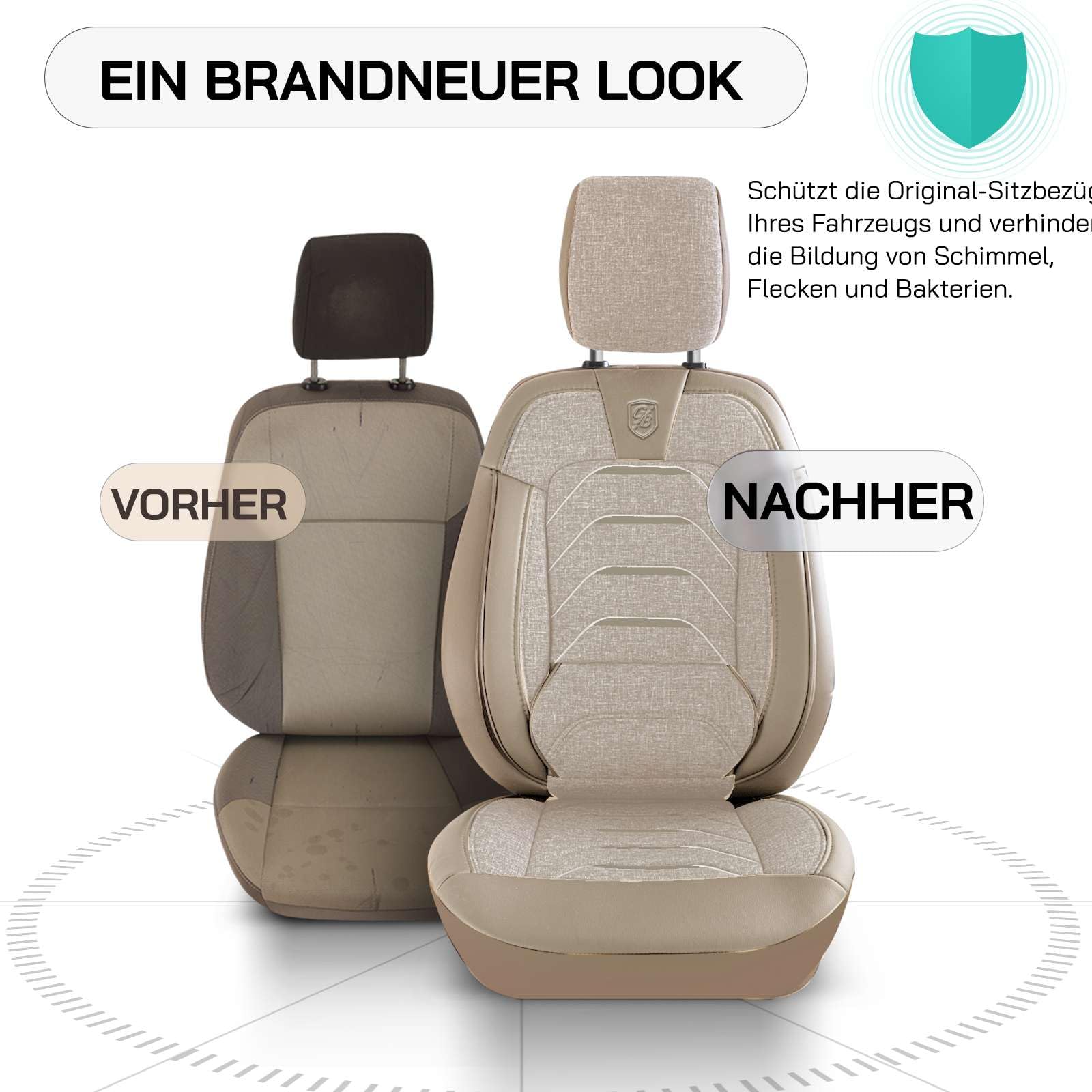 Fundas de asiento universales para coche y SUV - Fundas de asiento premium delanteras de lino, beige, compatibles con airbag, funda de asiento para coche, juego completo incl. kit de