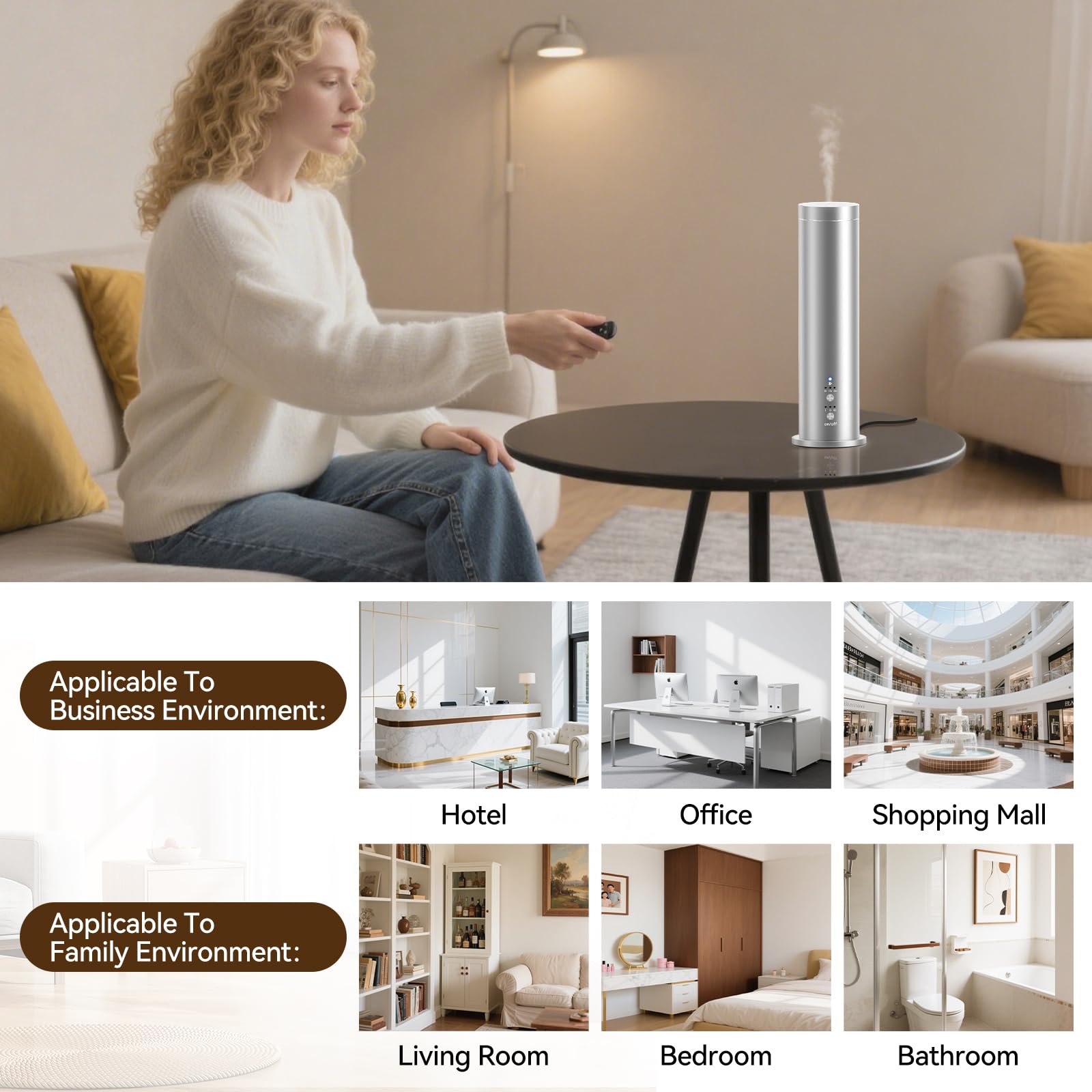 Wasserloser Diffusor für ätherisches Öl mit Bluetooth – 100 ml Kaltluft-Duftdiffusor, 6 Aromatherapie-Öle & Fernbedienung – Tragbarer Aromatherapie-Diffusor für Zuhause, Büro & Spa – Silber