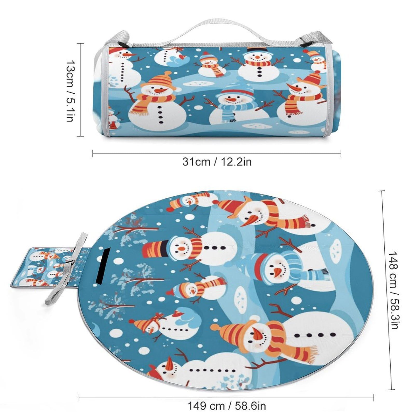 Mantas redondas plegables y ligeras para pícnic, diseño de muñeco de nieve, para playa, impermeables, para exteriores, para primavera, verano, camping, parque, viajes, hierba