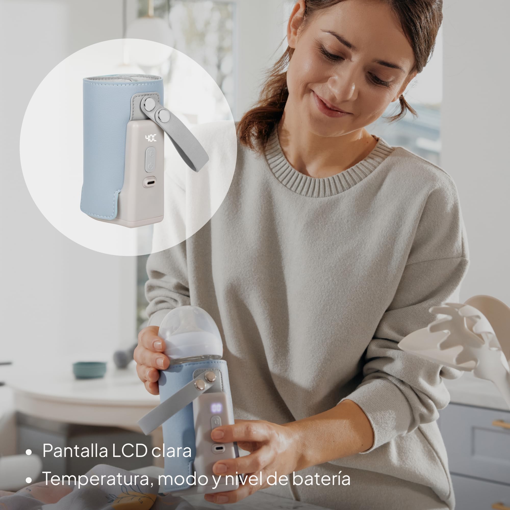 LIONELO Thermup Go Plus Calientabiberones Portátil, Mantiene los Líquidos Calientes, 5 Temperaturas de Funcionamiento de 38 a 50 C, Carga USB, 8h de Funcionamiento Pantalla LCD Silenciosa