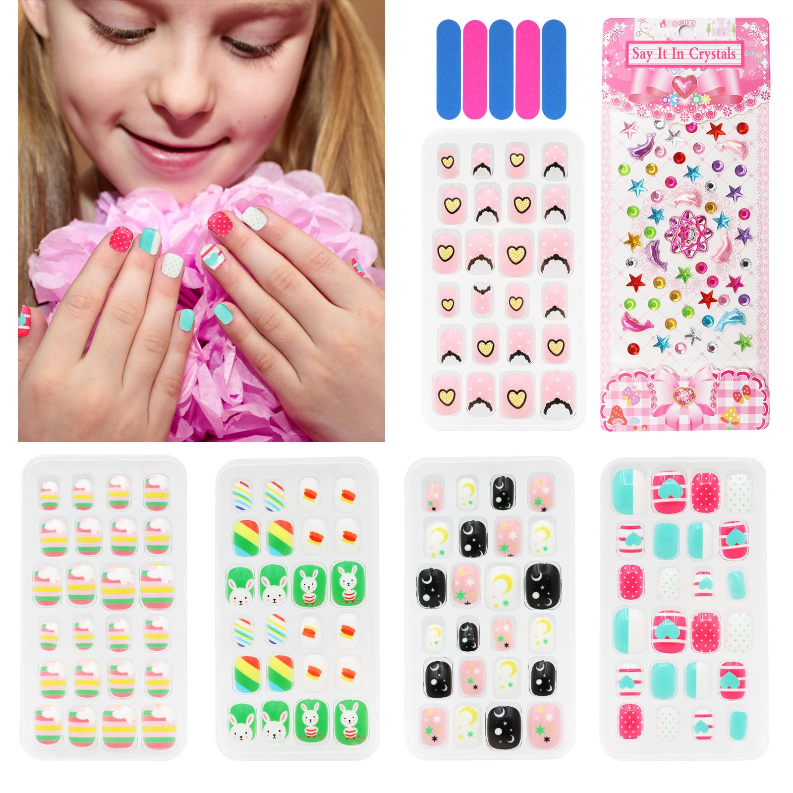 VEGCOO 120 Piezas Uñas Postizas para Niñas con 5 Limas de Uñas y Pegatina, Uñas Postizas Artificiales Pre Pegamento Uñas Acrílicas Cortas para Niñas, Nail Art Manicura Decoración (B, varios tamaños)